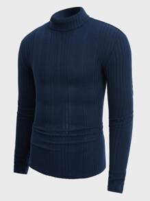 GENTILAND Top tejido de canalé de cuello alto - Azul Marino - Ver 1