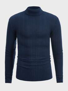 GENTILAND Top tejido de canalé de cuello alto - Azul Marino - Ver 5