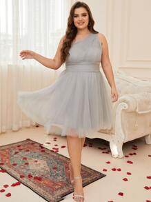 大碼單肩褶邊喇叭下擺網紗洋裝