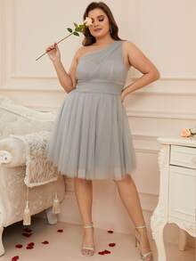 大碼單肩褶邊喇叭下擺網紗洋裝