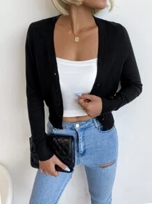 AAmilife Nữ Cardigans Nút phía trước màu trơn Giải trí - màu đen - Xem 1