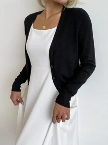 AAmilife Nữ Cardigans Nút phía trước màu trơn Giải trí - màu đen - Xem 3