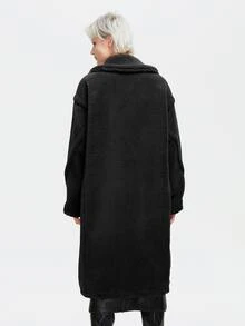 女士纯色长袖宽松翻领仿羊羔绒泰迪熊外套，冬季 - 黑色 - 查看 7