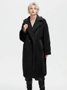女士纯色长袖宽松翻领仿羊羔绒泰迪熊外套，冬季 - 黑色 - 查看 8
