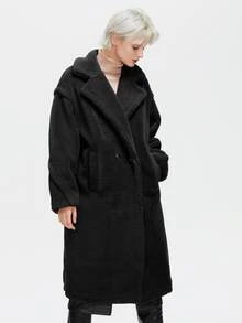 女士纯色长袖宽松翻领仿羊羔绒泰迪熊外套，冬季 - 黑色 - 查看 10