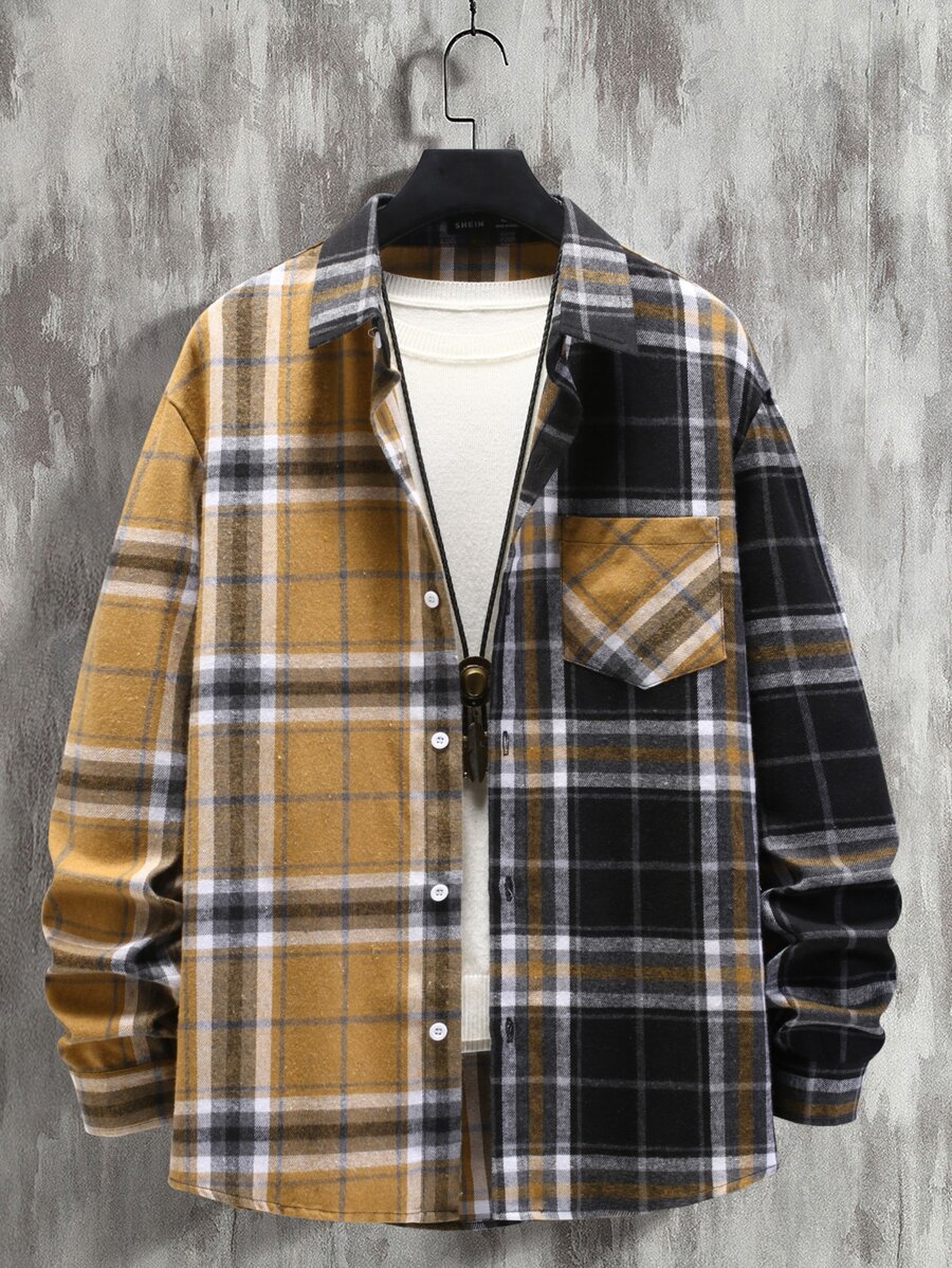 Manfinity Men Plaid Print Colourblock Drop Shoulder Shirt Without Tee - Multicolor - View 1