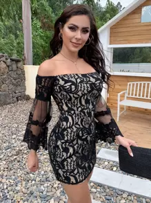 Eilly Bazar Vestido Mini Con Hombros Descubiertos Y Superposición De Encaje - Negro - Ver 1