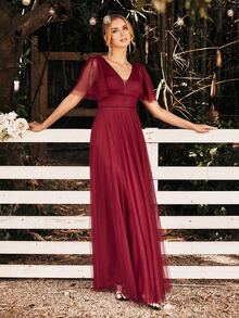 EVERPRETTY Flutter Sleeve Dobby Mesh Overlay Bridesmaid Dress - Maroon - View 6