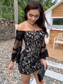 Eilly Bazar Vestido Mini Con Hombros Descubiertos Y Superposición De Encaje - Negro - Ver 3