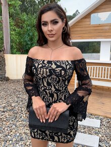 Eilly Bazar Vestido Mini Con Hombros Descubiertos Y Superposición De Encaje - Negro - Ver 4