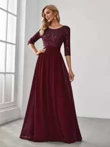 Abendkleid mit Tüll und kontrastierendem Paillettenoberteil, elegant für Abschlussball, Abendessen, Hochzeit - Kastanienbraun - Übersicht 4
