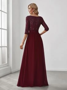Abendkleid mit Tüll und kontrastierendem Paillettenoberteil, elegant für Abschlussball, Abendessen, Hochzeit - Kastanienbraun - Übersicht 3