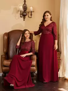 EVERPRETTY 亮片V领高腰撞色雪纺舞会礼服，酒红色，适合秋季婚礼宾客、新娘母亲、情人节等场合的华丽礼服 - 紫紅色 - 查看 2