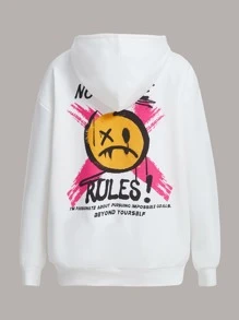 SHEIN EZwear 卡通和標語圖案拉鏈開襟落肩袖連帽衫 - 白色 - 查看 1