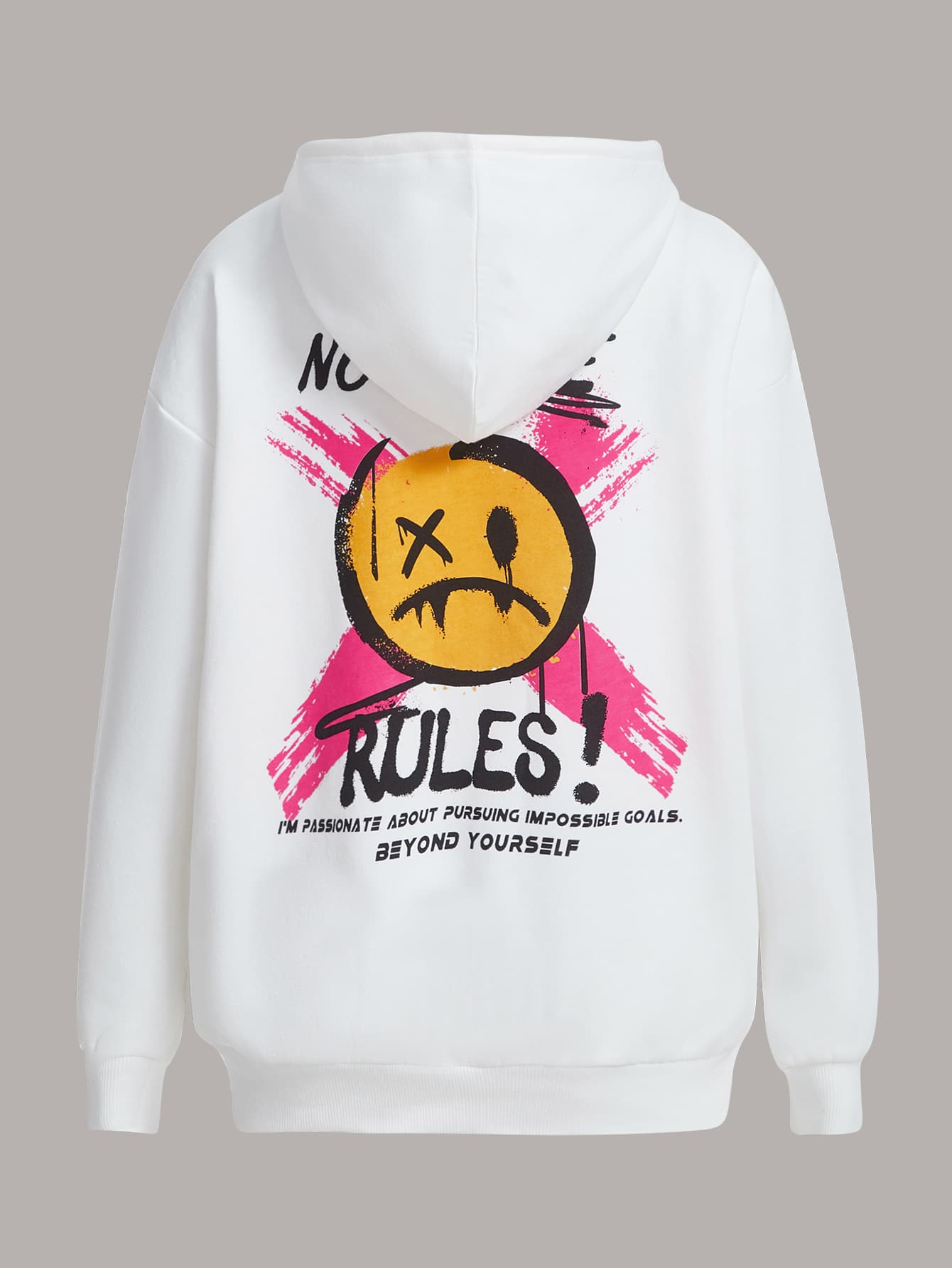 SHEIN EZwear 卡通和標語圖案拉鏈開襟落肩袖連帽衫 - 白色 - 查看 1