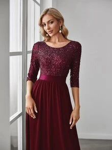 Abendkleid mit Tüll und kontrastierendem Paillettenoberteil, elegant für Abschlussball, Abendessen, Hochzeit - Kastanienbraun - Übersicht 7