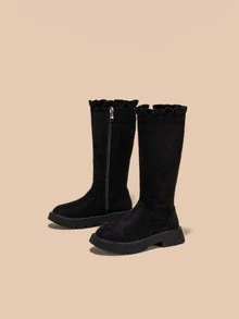 Niñas Botas de combate con cremallera lateral de serraje falso ribete con fruncido - Negro - Ver 2