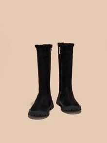 Niñas Botas de combate con cremallera lateral de serraje falso ribete con fruncido - Negro - Ver 3