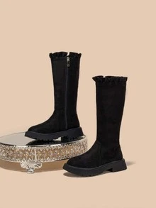 Niñas Botas de combate con cremallera lateral de serraje falso ribete con fruncido - Negro - Ver 4