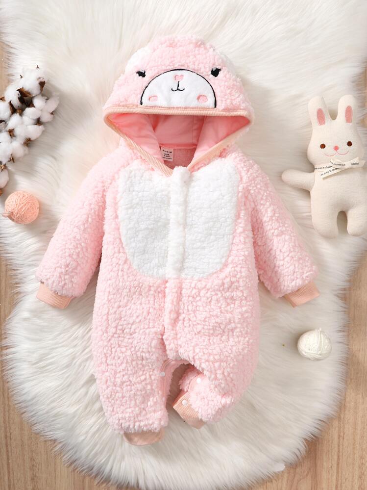 Bébé Combinaison à broderie à capuche en flanelle - Rose pâle - Voir 1