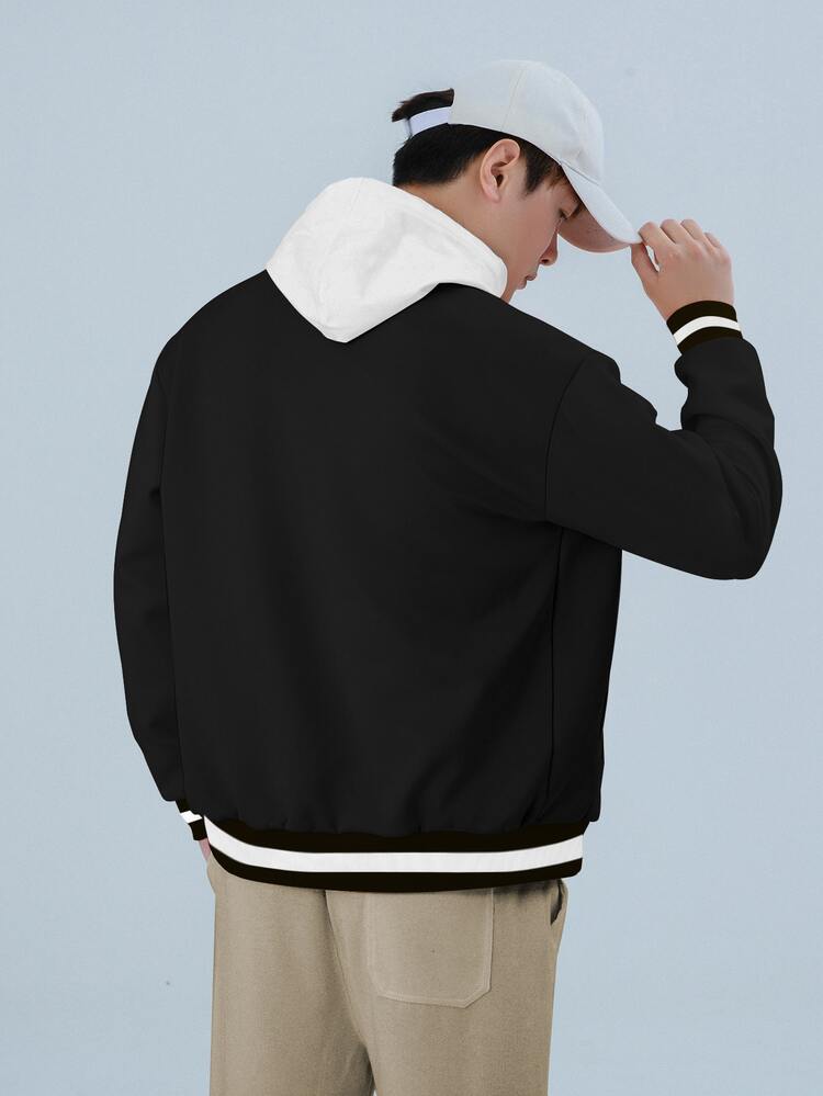 Manfinity Men Letter Graphic Contrast Panel Varsity Jacket - Black - View 2