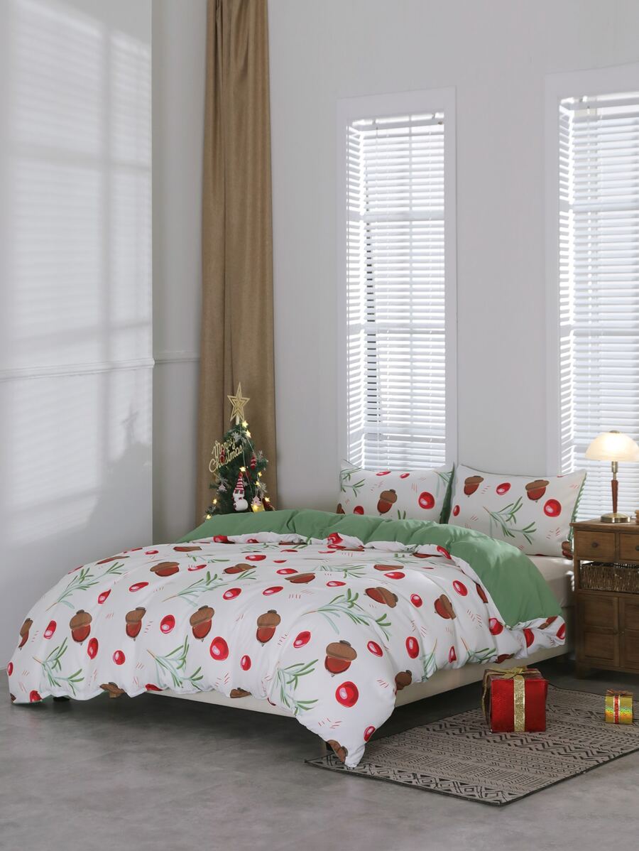 Christmas Pinecone & Leaf Pattern Duvet Cover Set Without Filler - Multicolor - View 1