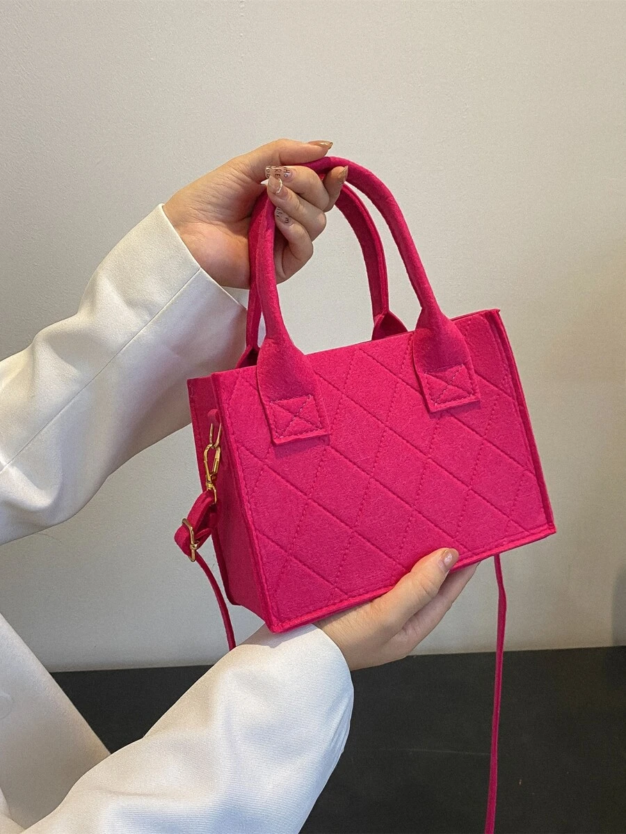 New Arrival Felt Square Handbag For Shoulder & Crossbody - Hot Pink - View 1