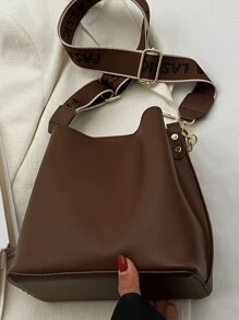 Letter Graphic Chain Decor Square Bag Small Bucket Thick Chain Crossbody Bag, PU Leather Textured Bag Purse, Classic Versatile Fashion Shoulder Bag - Brown - View 3