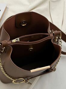 Letter Graphic Chain Decor Square Bag Small Bucket Thick Chain Crossbody Bag, PU Leather Textured Bag Purse, Classic Versatile Fashion Shoulder Bag - Brown - View 5