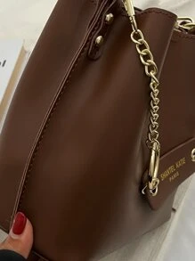 Letter Graphic Chain Decor Square Bag Small Bucket Thick Chain Crossbody Bag, PU Leather Textured Bag Purse, Classic Versatile Fashion Shoulder Bag - Brown - View 6