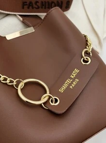 Letter Graphic Chain Decor Square Bag Small Bucket Thick Chain Crossbody Bag, PU Leather Textured Bag Purse, Classic Versatile Fashion Shoulder Bag - Brown - View 8