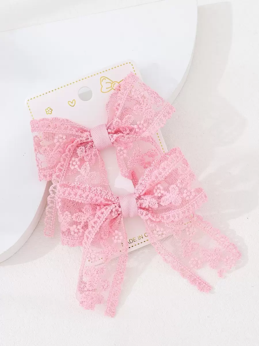 2pcs Pink Lace Bow Hair Clips + 14pcs Chiffon Ribbon Hair Pins, & Versatile Hair Accessories For Dates, Work, Casual Wear - Pink - View 1