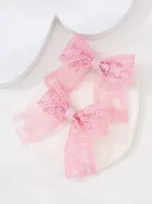 2pcs Pink Lace Bow Hair Clips + 14pcs Chiffon Ribbon Hair Pins, & Versatile Hair Accessories For Dates, Work, Casual Wear - Pink - View 2