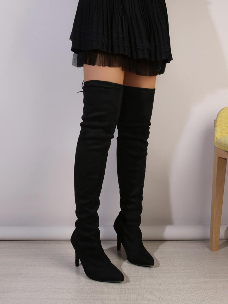 Women's Thigh-High Boots, High Heels, Thermal Lined, New 2024 Model, Non-Slip, Slim Fit For Petite, Elastic, Skinny Leg - Black - View 1