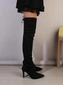 Women's Thigh-High Boots, High Heels, Thermal Lined, New 2024 Model, Non-Slip, Slim Fit For Petite, Elastic, Skinny Leg - Black - View 2