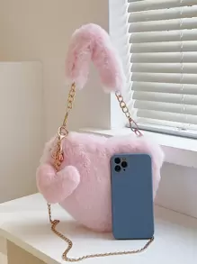 1个纯色心形毛绒手提包，休闲时尚，柔软舒适，配有可调节肩带和小吊坠，适合秋冬季节。 - 淺粉色 - 查看 2
