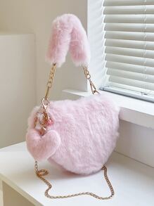 1个纯色心形毛绒手提包，休闲时尚，柔软舒适，配有可调节肩带和小吊坠，适合秋冬季节。 - 淺粉色 - 查看 3