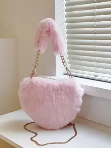 1个纯色心形毛绒手提包，休闲时尚，柔软舒适，配有可调节肩带和小吊坠，适合秋冬季节。 - 淺粉色 - 查看 4