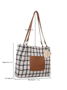 Fashionable,Minimalist,Casual,Plaid Pattern Square Bag With Bag Charm For Girl, Teen Girls - Brown - View 3