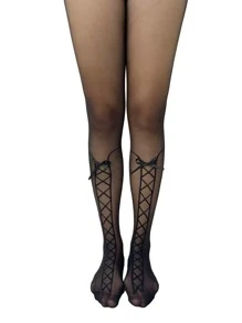 蝴蝶結裝飾網紗連褲襪 - 黑色 - 查看 1