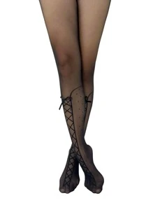 蝴蝶結裝飾網紗連褲襪 - 黑色 - 查看 2