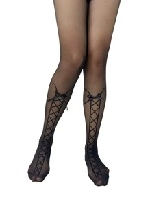 蝴蝶結裝飾網紗連褲襪 - 黑色 - 查看 3