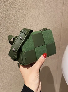 CONTAINEVERY Mini Braided Textured Flap Square Bag - Dark Green - View 1