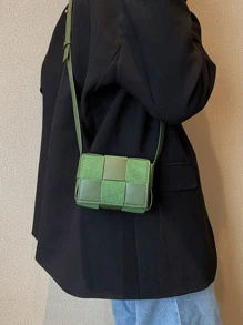 CONTAINEVERY Mini Braided Textured Flap Square Bag - Dark Green - View 3