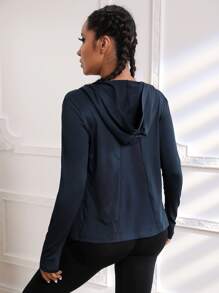 Zip Up Thumb Holes Hooded Sports Jacket - Navy Blue - View 2