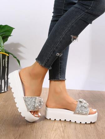 Women Faux Pearls & Rhinestone Decor Platforms, Glamorous White Wedge Slide Sandals