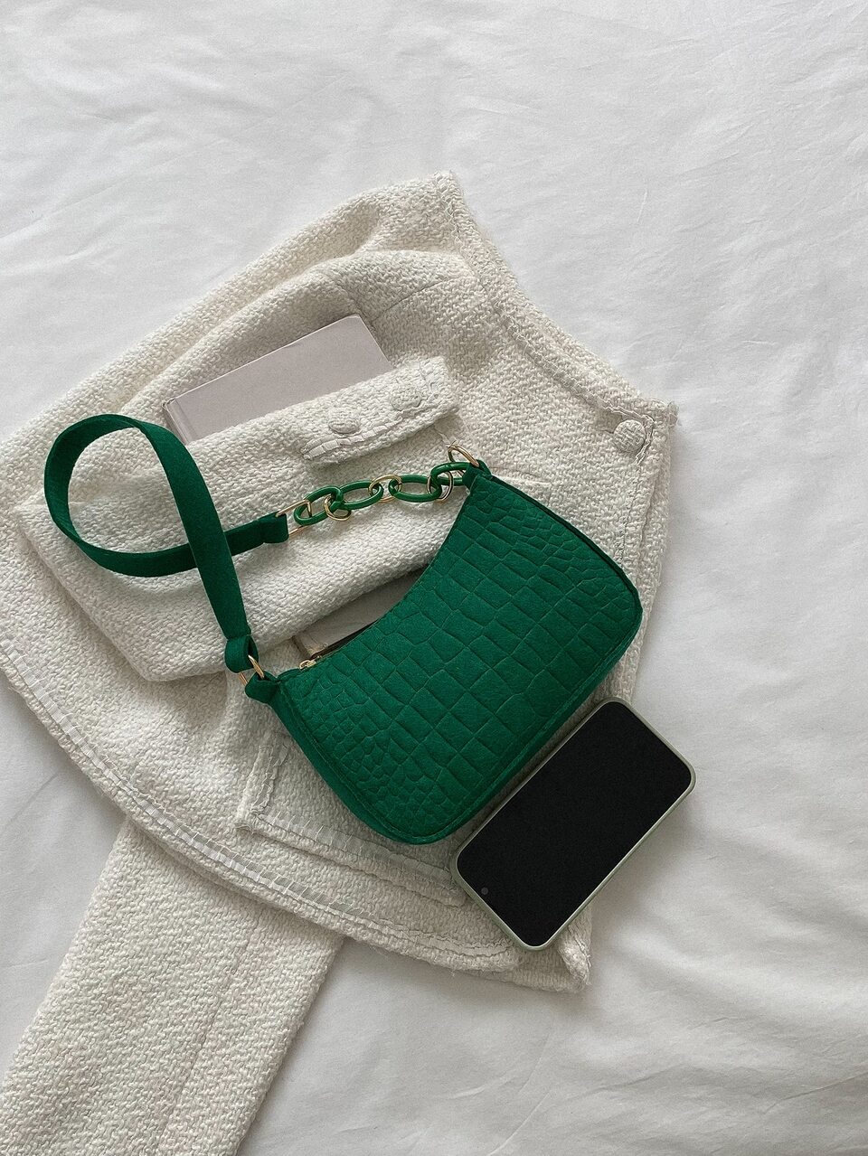 Mini Bag Crocodile Embossed Solid Color Zipper Fashionable , Green