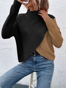 Calvaya Two Tone Overlap Hem Sweater