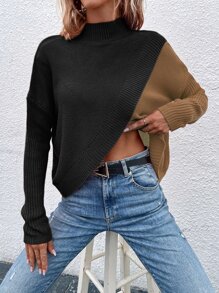 Calvaya Two Tone Overlap Hem Sweater