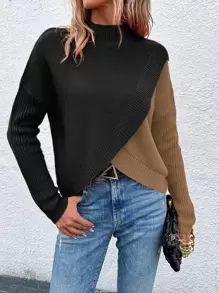 Calvaya Two Tone Overlap Hem Sweater